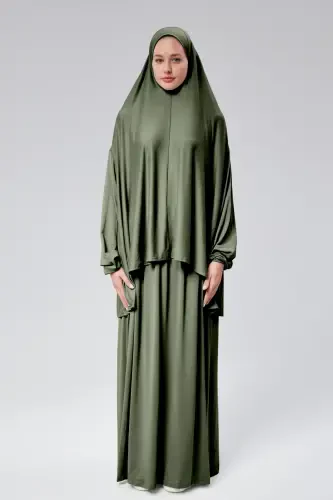 Women Two Piece Prayer Dress Headscarf Organic Cotton Elasticated Non-Slip Sleeve Skirt Knitted Islamic Clothing-Khaki - 1