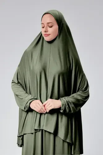 Women Two Piece Prayer Dress Headscarf Organic Cotton Elasticated Non-Slip Sleeve Skirt Knitted Islamic Clothing-Khaki - SONBAHARMODA (1)