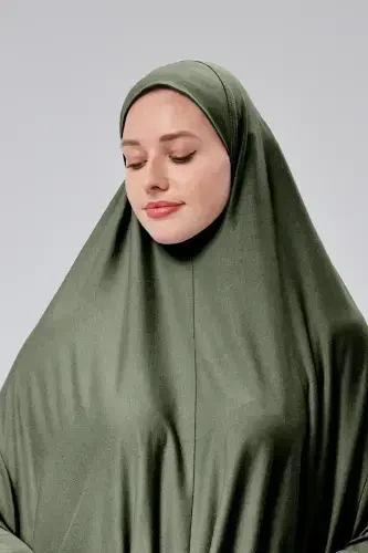 Women Two Piece Prayer Dress Headscarf Organic Cotton Elasticated Non-Slip Sleeve Skirt Knitted Islamic Clothing-Khaki - 4