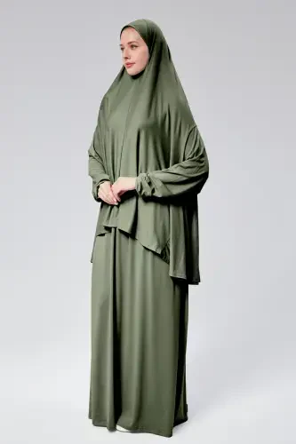Women Two Piece Prayer Dress Headscarf Organic Cotton Elasticated Non-Slip Sleeve Skirt Knitted Islamic Clothing-Khaki - 5