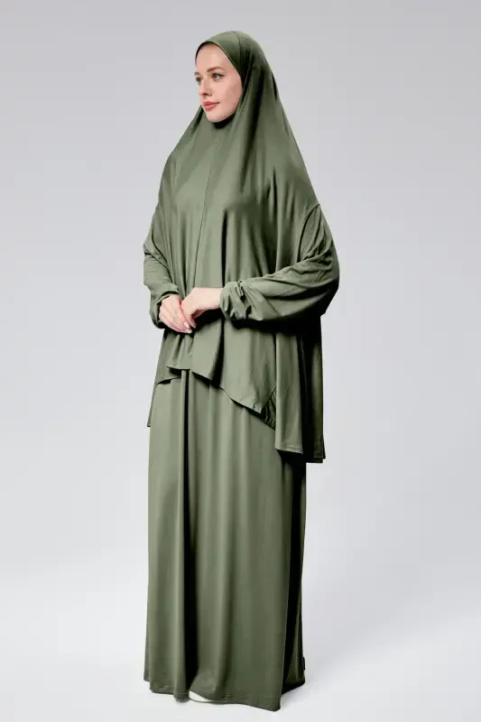Women Two Piece Prayer Dress Headscarf Organic Cotton Elasticated Non-Slip Sleeve Skirt Knitted Islamic Clothing-Khaki - 5
