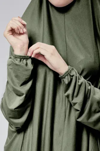 Women Two Piece Prayer Dress Headscarf Organic Cotton Elasticated Non-Slip Sleeve Skirt Knitted Islamic Clothing-Khaki - 6