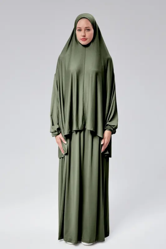 Women Two Piece Prayer Dress Headscarf Organic Cotton Elasticated Non-Slip Sleeve Skirt Knitted Islamic Clothing-Khaki - 1
