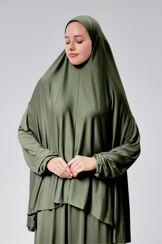 Women Two Piece Prayer Dress Headscarf Organic Cotton Elasticated Non-Slip Sleeve Skirt Knitted Islamic Clothing-Khaki - 2