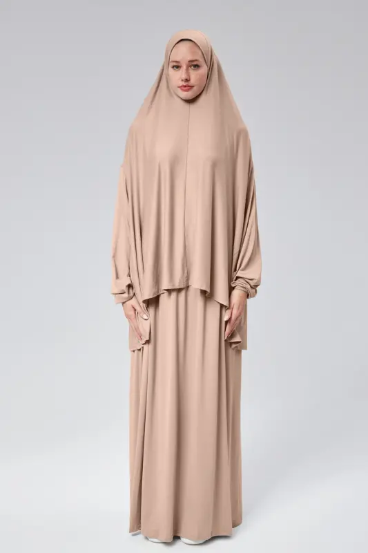 Women Two Pieces Prayer Dress Headscarf Organic Cotton Elastic Sleeve Non-Slip Skirt Jersey Modest Wear-Beige - 1