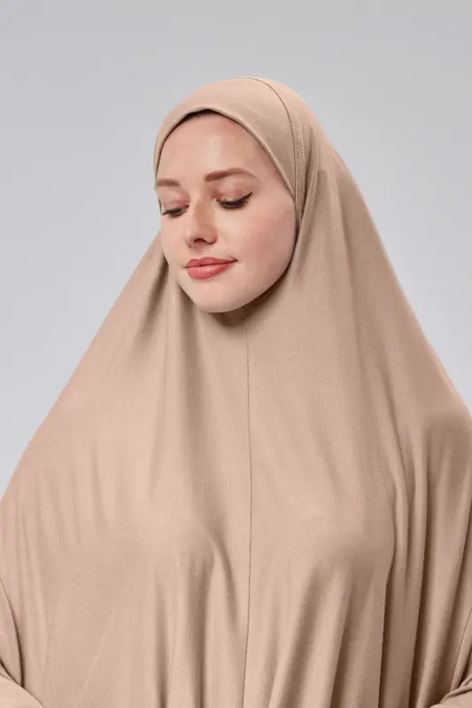 Women Two Pieces Prayer Dress Headscarf Organic Cotton Elastic Sleeve Non-Slip Skirt Jersey Modest Wear-Beige - 4
