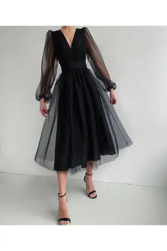 Women V-Neck Illusion Tulle Evening Gown Graduation Dress-Black - MADAME JASMIN (1)