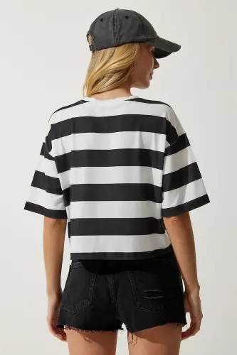 Women White Black Bicycle Neck Striped Crop Knit T-Shirt HF00452 - 6