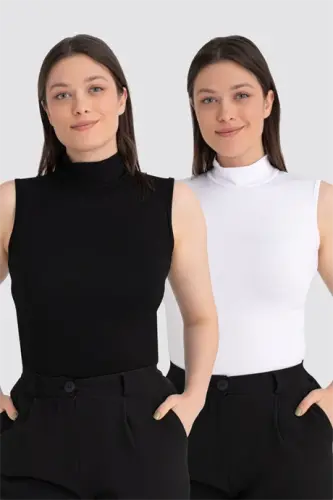 Women White Black Set of 2 Sleeveless Body Turtleneck - 1