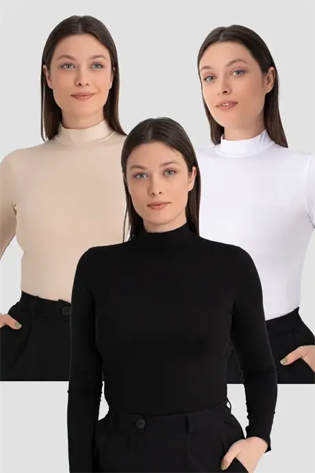 Women White Black Skin Turtleneck Long Sleeve Bodysuit 3 Pieces - 1