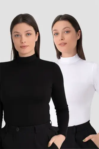 Women White - Black Turtleneck Long Sleeve Bodysuit 2-Pack - 1