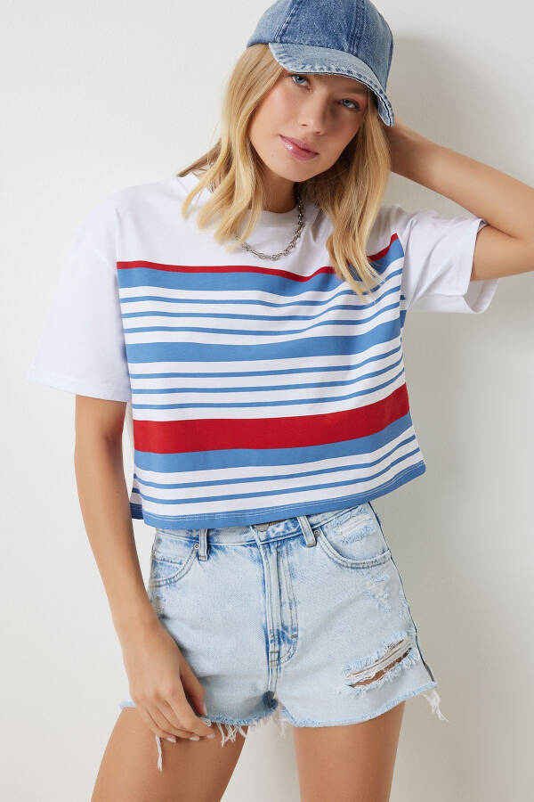 Women White Blue Bicycle Collar Striped Knitted T-Shirt NJ00151 - 1