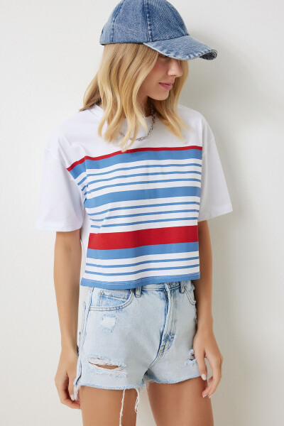 Women White Blue Bicycle Collar Striped Knitted T-Shirt NJ00151 - HAPPINESS İSTANBUL (1)