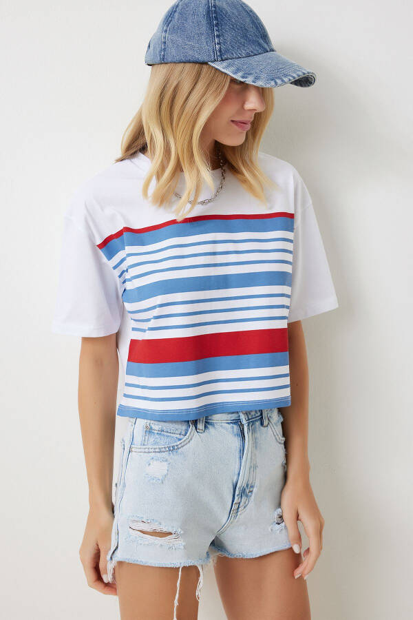 Women White Blue Bicycle Collar Striped Knitted T-Shirt NJ00151 - 2