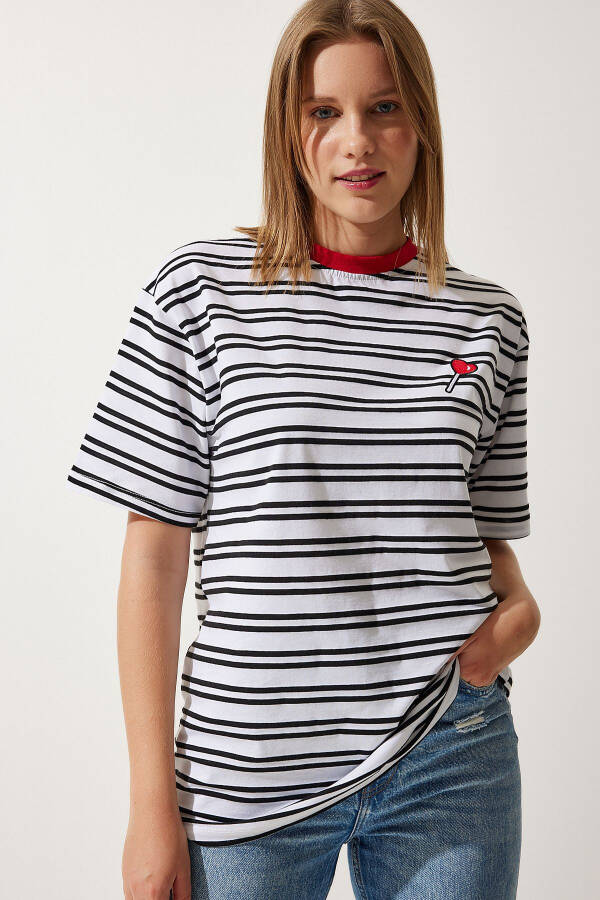 Women White Crew Neck Striped Knitted T-Shirt CR0 - 2