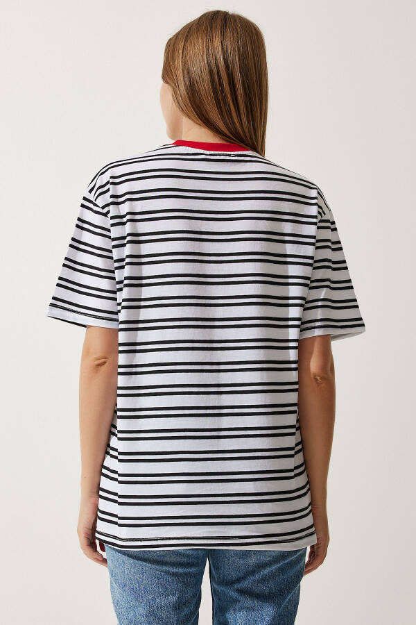 Women White Crew Neck Striped Knitted T-Shirt CR0 - 5
