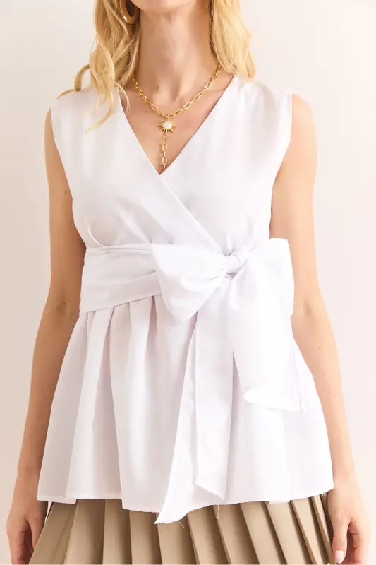 Women White Crossover Collar Belted Woven Blouse BLZ-1 - 5