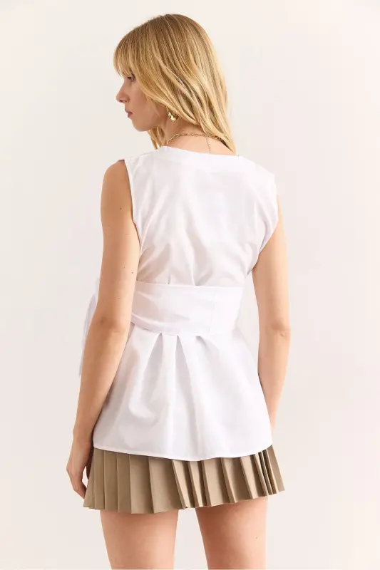 Women White Crossover Collar Belted Woven Blouse BLZ-1 - 6