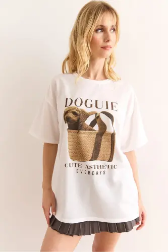 Women White Doguie Printed 2 Thread Relaxed Fit T-shirt 