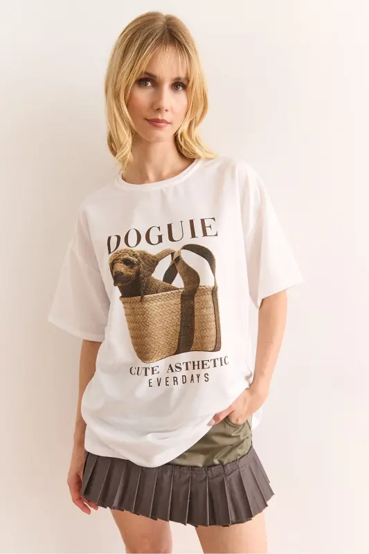 Women White Doguie Printed 2 Thread Relaxed Fit T-shirt - 3
