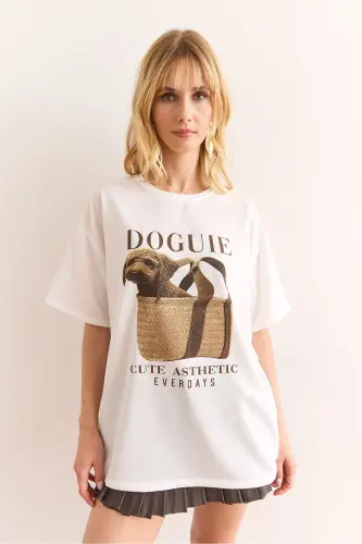 Women White Doguie Printed 2 Thread Relaxed Fit T-shirt - 4