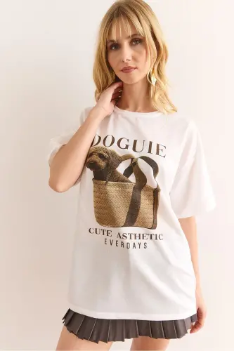 Women White Doguie Printed 2 Thread Relaxed Fit T-shirt - 5