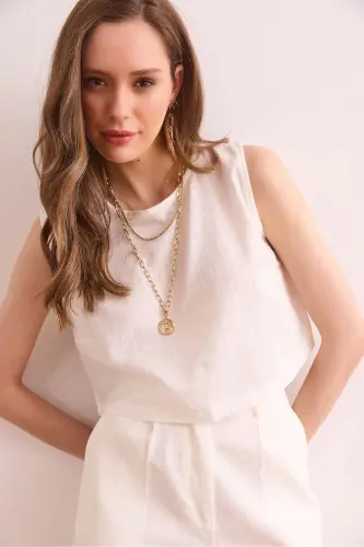 Women White Flam Linen Crop Blouse BLZ-19002925-White 