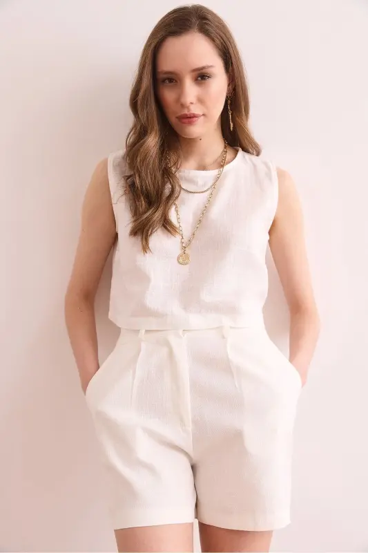 Women White Flam Linen Crop Blouse BLZ-19002925-White - 2