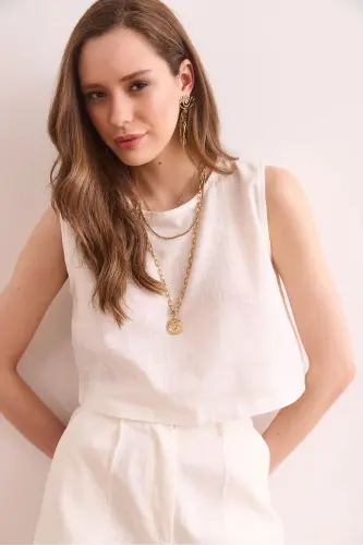 Women White Flam Linen Crop Blouse BLZ-19002925-White - 3