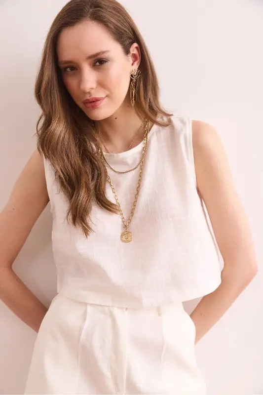 Women White Flam Linen Crop Blouse BLZ-19002925-White - 3