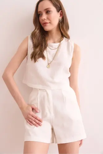 Women White Flam Linen Crop Blouse BLZ-19002925-White - 4