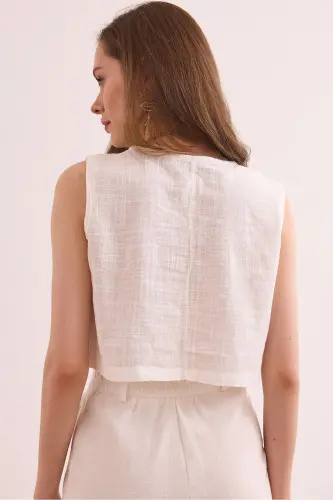 Women White Flam Linen Crop Blouse BLZ-19002925-White - 5