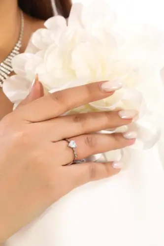 Women White Gold Color Heart Solitaire Ring - 3