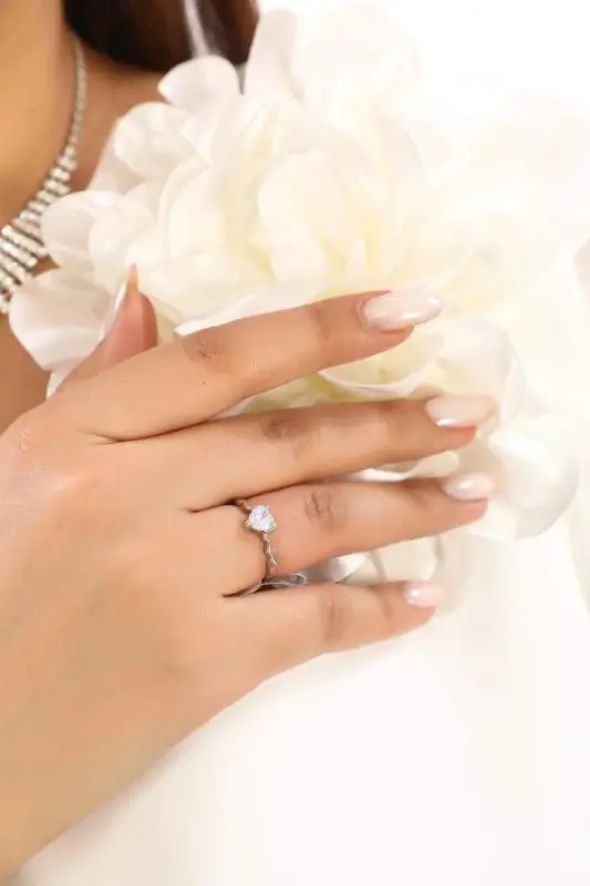 Women White Gold Color Heart Solitaire Ring - 3