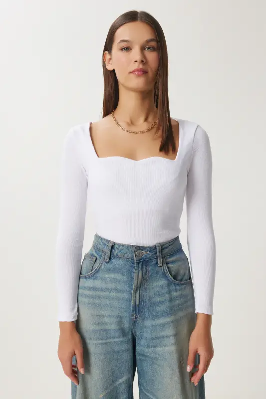 Women White Heart Collar Ribbed Knit Blouse GT00100-White - 6