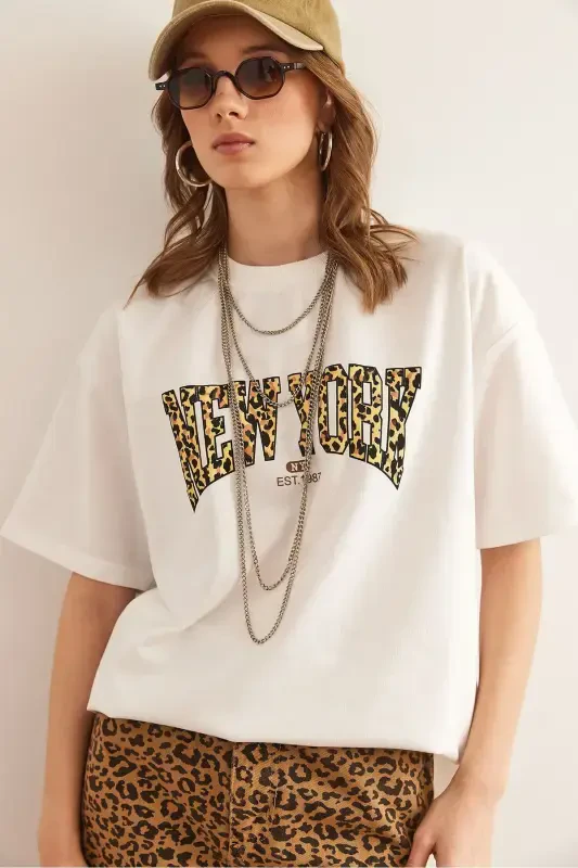 Women White Leopard New York Printed 2 Rope Relaxed Fit - 2