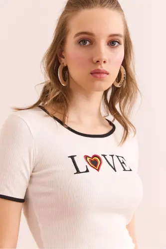 Women White Love Embroidered Crop Flexible Cotton Blouse BLZ - 5