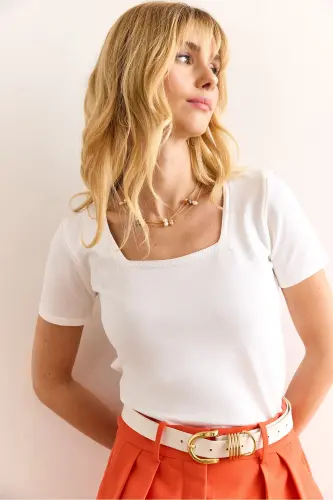Women White Square Neck Short Sleeve Basic Knit Blouse BLZ-19002983-White - 1