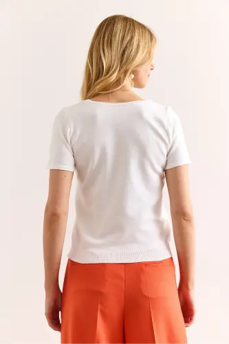 Women White Square Neck Short Sleeve Basic Knit Blouse BLZ-19002983-White - 2