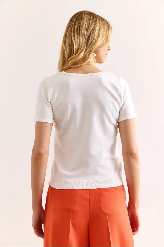 Women White Square Neck Short Sleeve Basic Knit Blouse BLZ-19002983-White - 2