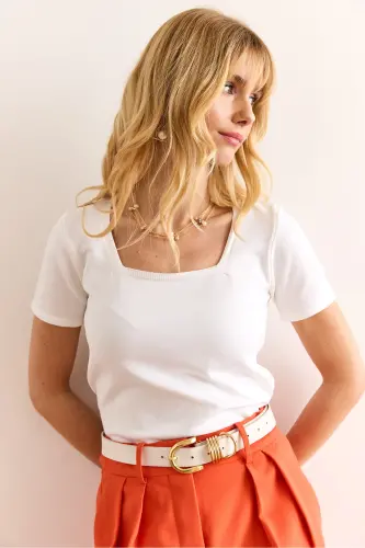 Women White Square Neck Short Sleeve Basic Knit Blouse BLZ-19002983-White - 4