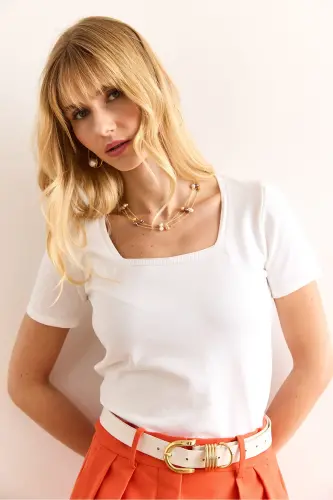 Women White Square Neck Short Sleeve Basic Knit Blouse BLZ-19002983-White - 6