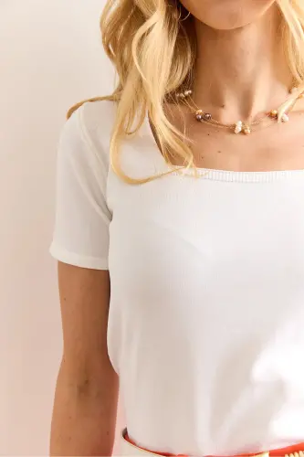 Women White Square Neck Short Sleeve Basic Knit Blouse BLZ-19002983-White - 7