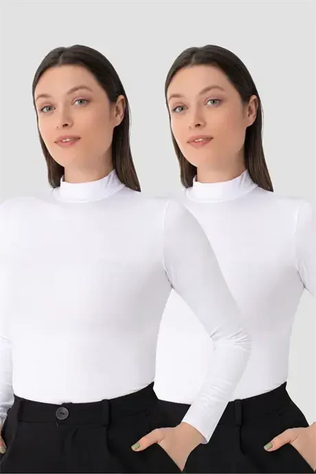 Women White Turtleneck Long Sleeve Bodysuit 2-Pack - BÜYÜKBEDENIZ