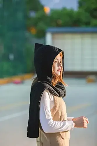 Women Winter 3 in 1 Hooded Hat Scarf Wrap Shawl Crochet Knit Pullover Neckwarmer - 5