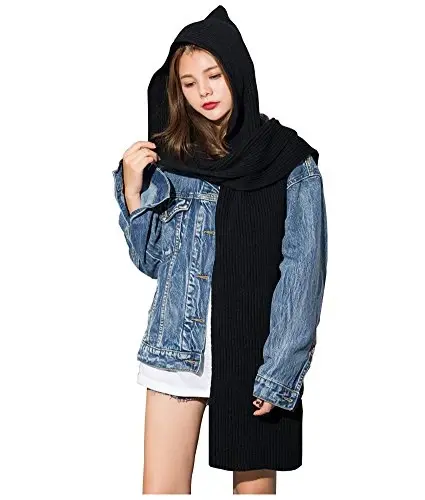 Women Winter 3 in 1 Hooded Hat Scarf Wrap Shawl Crochet Knit Pullover Neckwarmer 