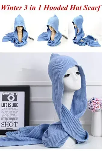 Women Winter 3 in 1 Hooded Hat Scarf Wrap Shawl Crochet Knit Pullover Neckwarmer - 3