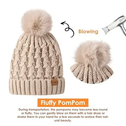 Women Winter Beanie Hat Gloves Set Pom Hat with Warm Fleece Lined Touchscreen Gloves for Cold Weather - 4