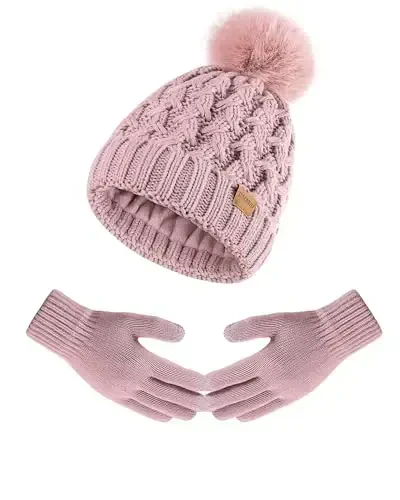 Women Winter Beanie Hat Gloves Set Pom Hat with Warm Fleece Lined Touchscreen Gloves for Cold Weather - 5
