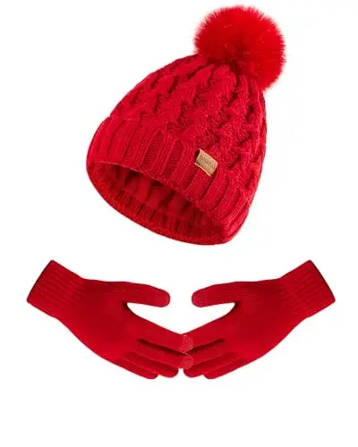 Women Winter Beanie Hat Gloves Set Pom Hat with Warm Fleece Lined Touchscreen Gloves for Cold Weather - 1